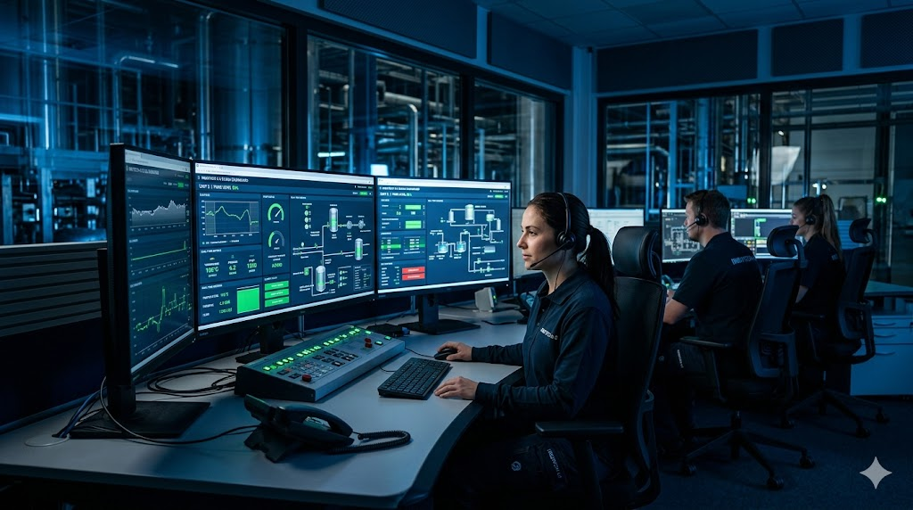 Sistem SCADA dan PLC dalam ruang kontrol otomasi industri modern