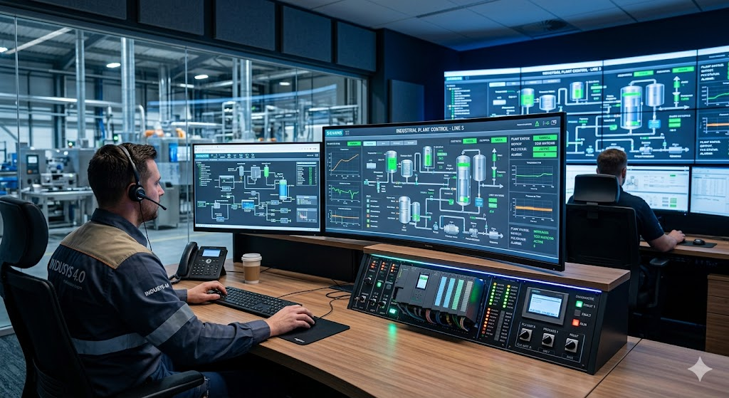 Sistem PLC dan SCADA pada ruang kontrol industri modern
